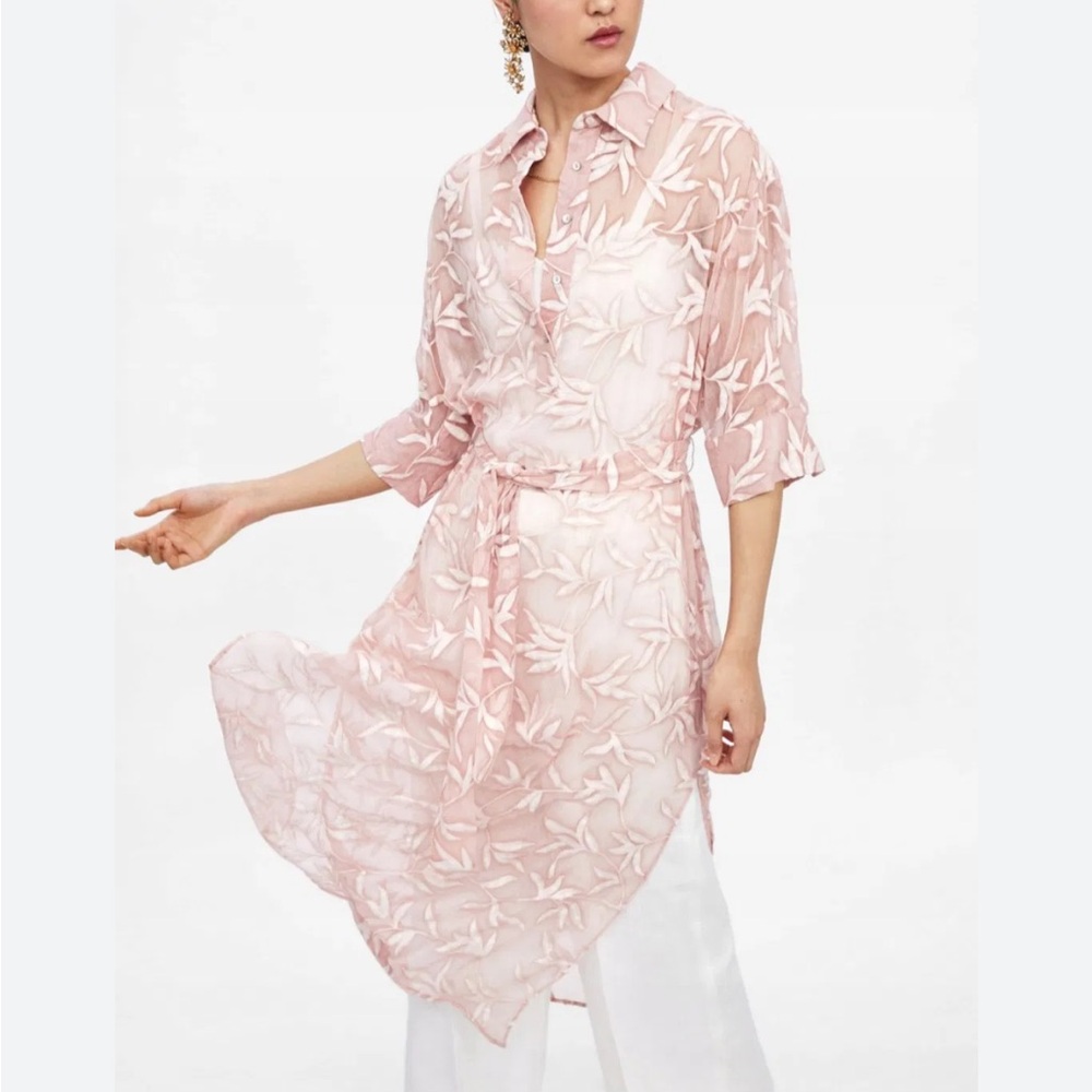ZARA Sheer Embroidered Midi Dress Pink Floral Beach Coverup Oversized Resort - Picture 1 of 6